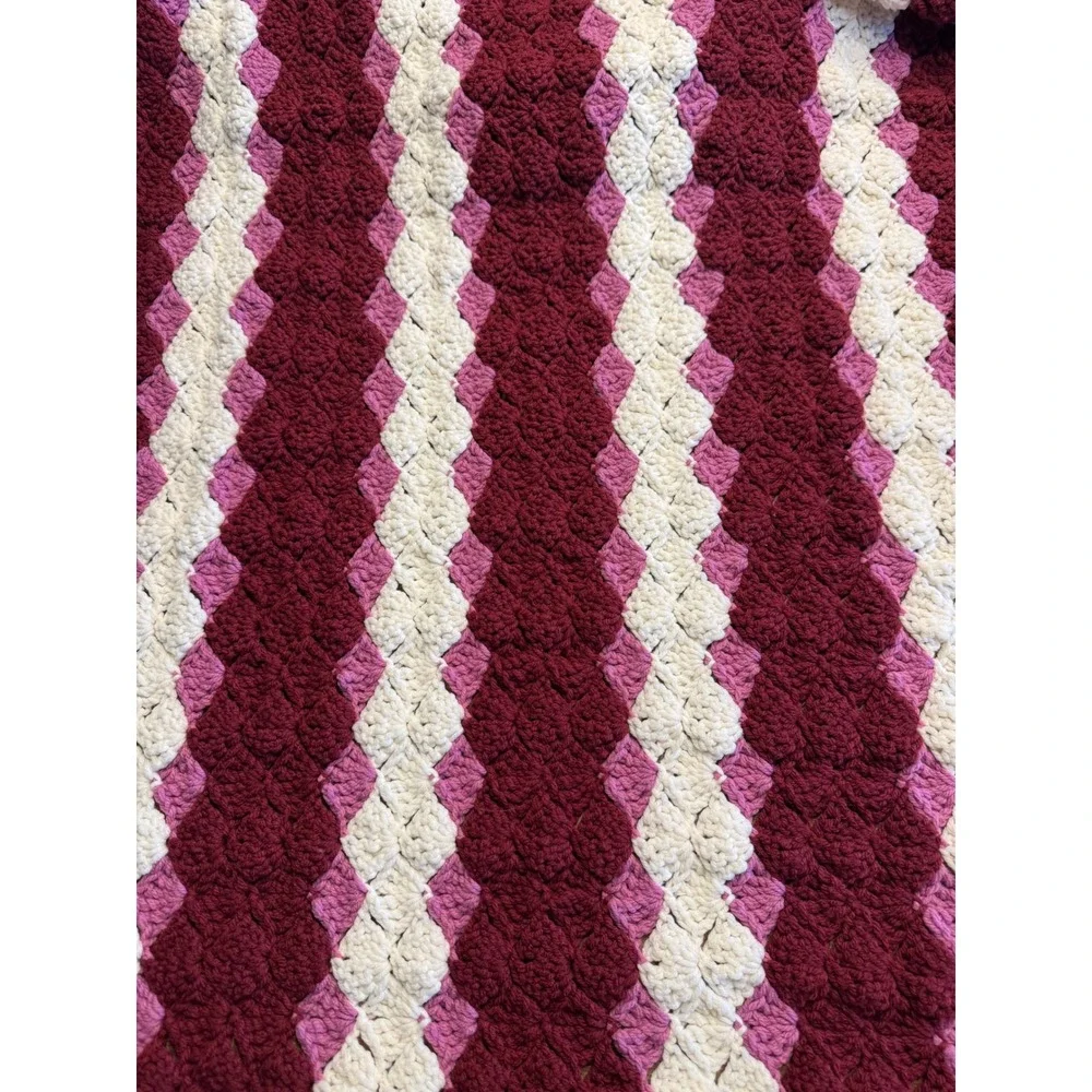 Handmade Crochet Shell Stitch Blanket Burgundy Pink Cream Scalloped Throw 60x50
